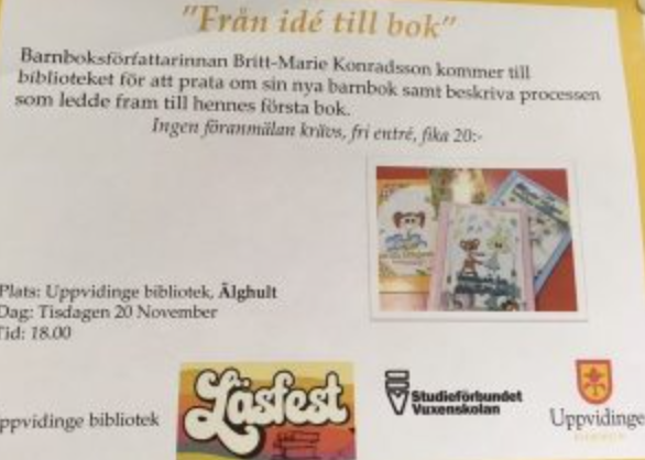 Biblioteks-kväll, 20 november, på Älghults bibliotek där jag pratar "skrivande"...